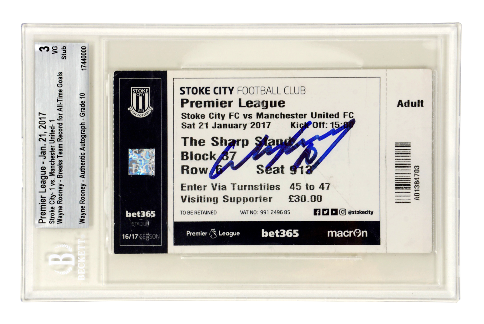Wayne Rooney Signed 2017 Breaks All Time Goal Record Match Ticket – BGS 3