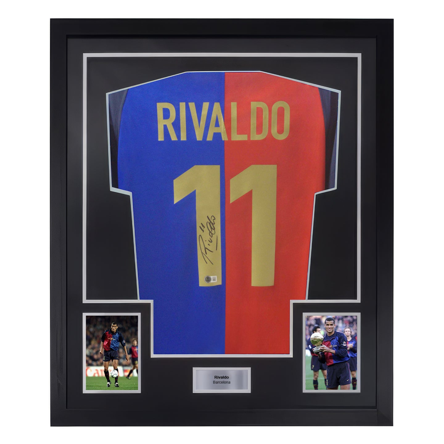 Framed Rivaldo Signed FC Barcelona Home Soccer Jersey #11 with Beckett