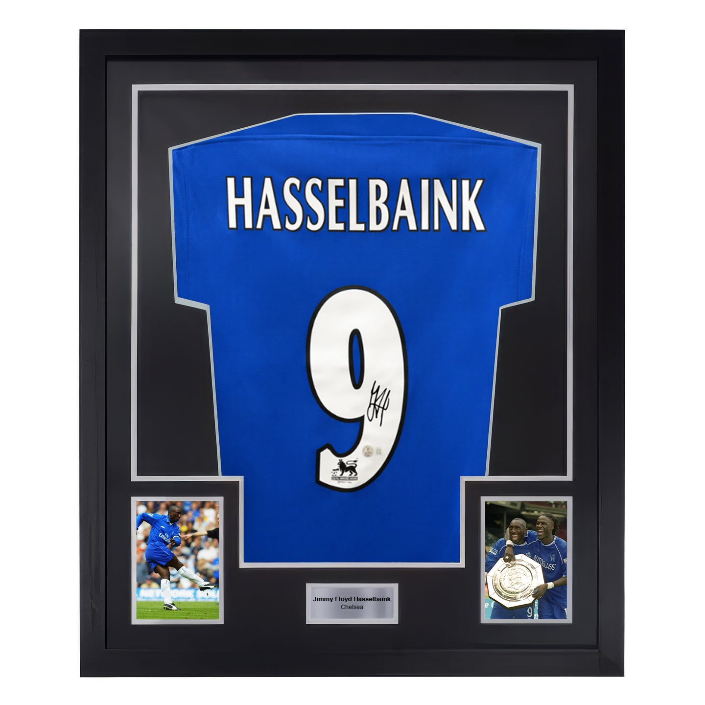 Framed Jimmy Floyd Hasselbaink Signed Chelsea Soccer Jersey #9 with Be