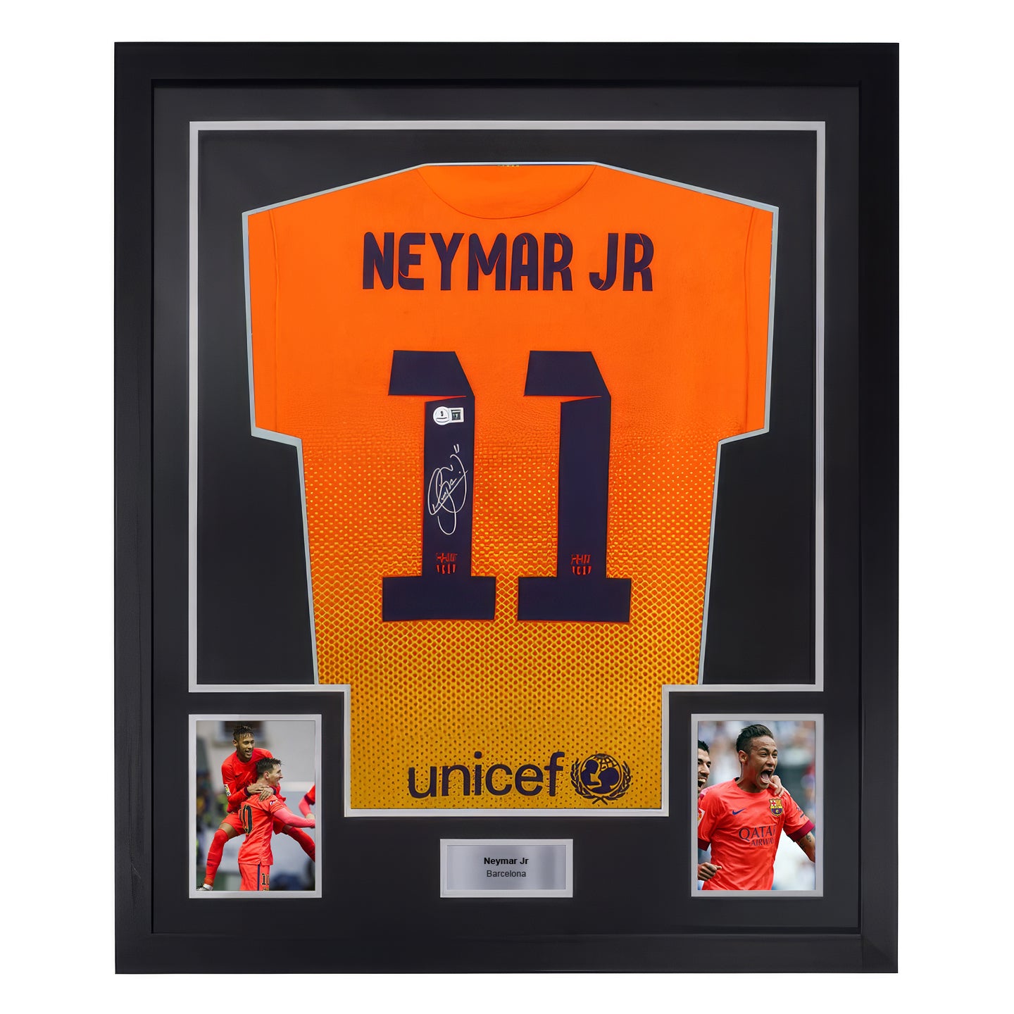 Framed Neymar Jr Signed FC Barcelona Away Soccer Jersey #11 with Becke