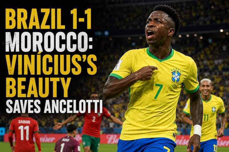 Vinícius Júnior celebrates his equaliser as Brazil draw 1-1 with Morocco in their 2026 World Cup opener at MetLife Stadium