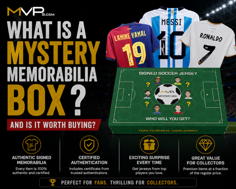 MVPs Mystery Memorabilia Box containing a signed soccer jersey with Beckett certificate of authenticity limited to 100 boxes