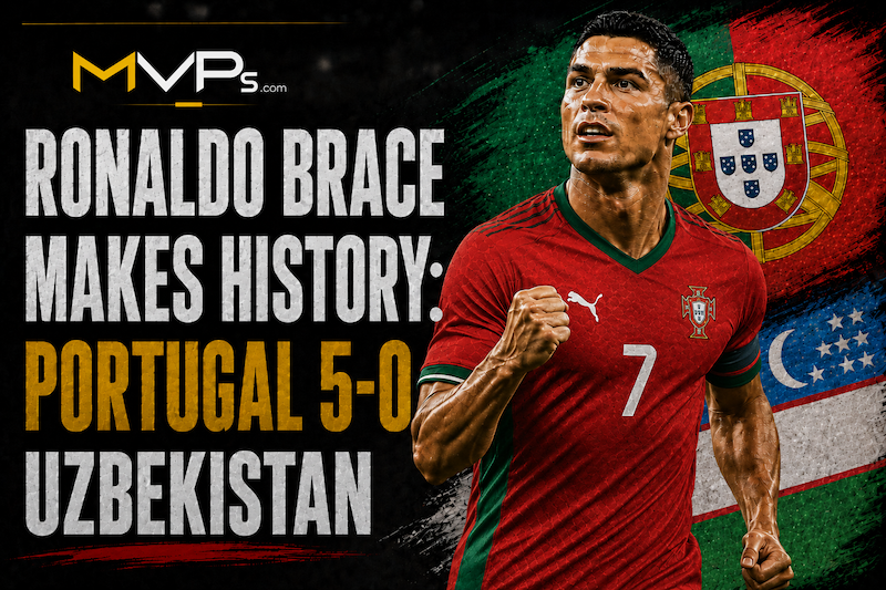 Cristiano Ronaldo celebrates after scoring as Portugal beat Uzbekistan 5-0 at NRG Stadium in Houston during the 2026 World Cup