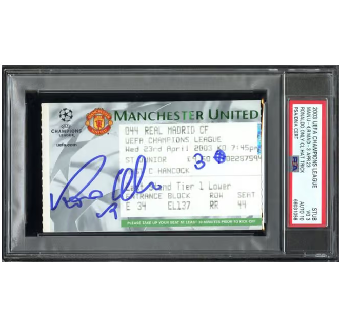 Ronaldo Nazario Signed 2003 UCL 3 Goals vs Man U Match Ticket Inscribed – PSA 3