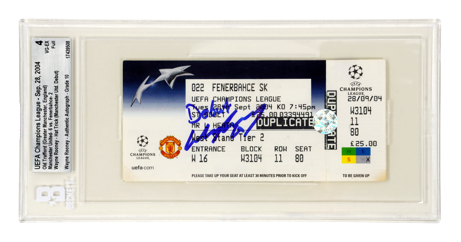 Wayne Rooney Signed 2004 Man Utd Debut Full Match Ticket Inscribed Debut – BGS 4