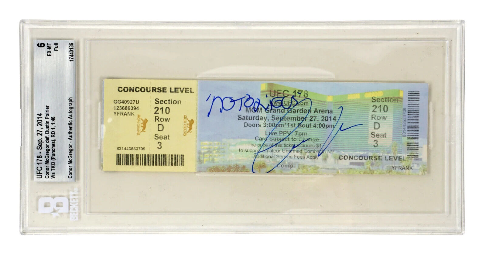 Conor McGregor Signed 2014 UFC Fight vs Dustin Poirier Inscribed Ticket – BGS 6