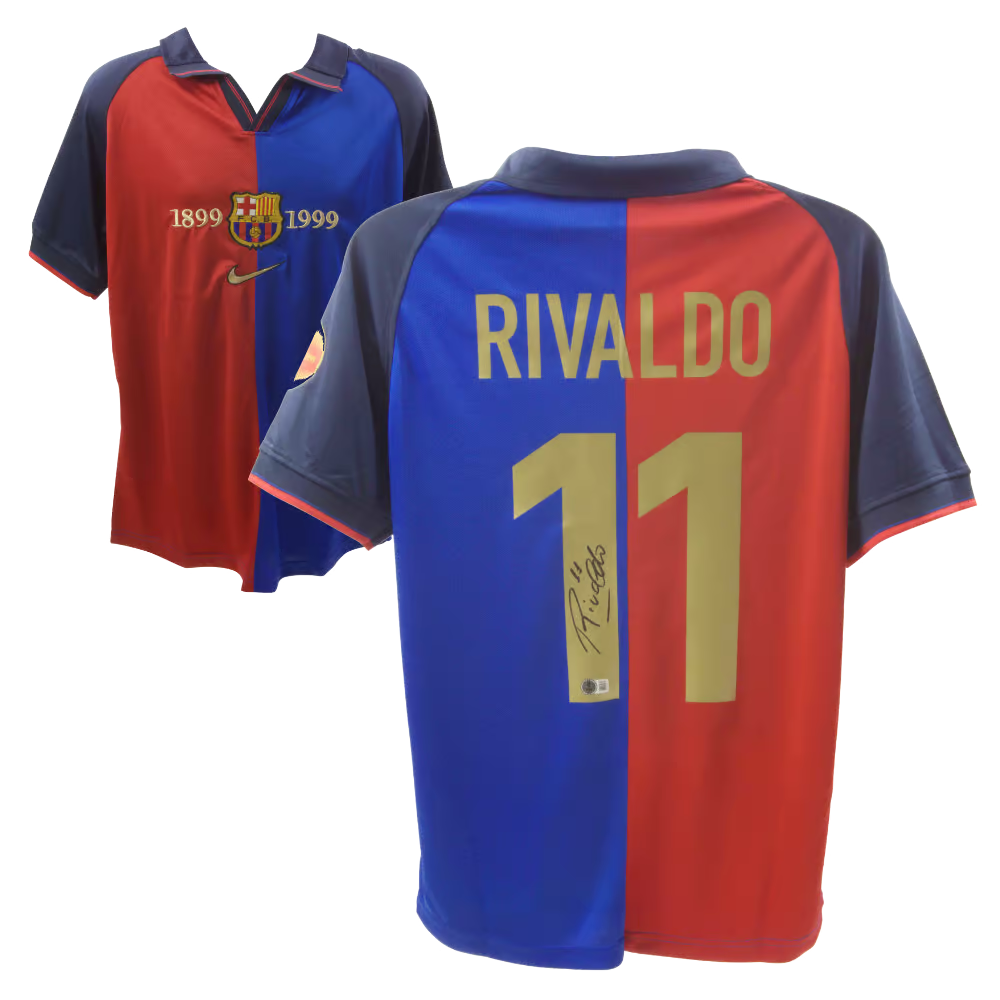 Rivaldo Signed FC Barcelona Home Soccer Jersey #11 with Beckett Witness