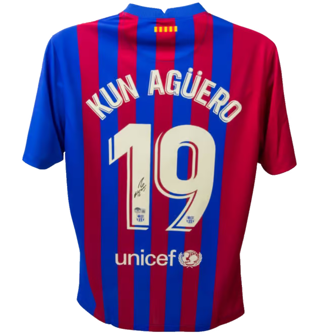 Sergio Aguero Signed FC Barcelona Home Soccer Jersey #19 with Beckett COA