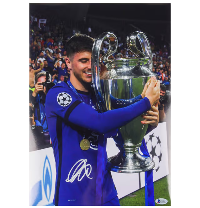 Mason Mount Signed Chelsea UCL Soccer Print Size 12″ x 16″ with Beckett COA