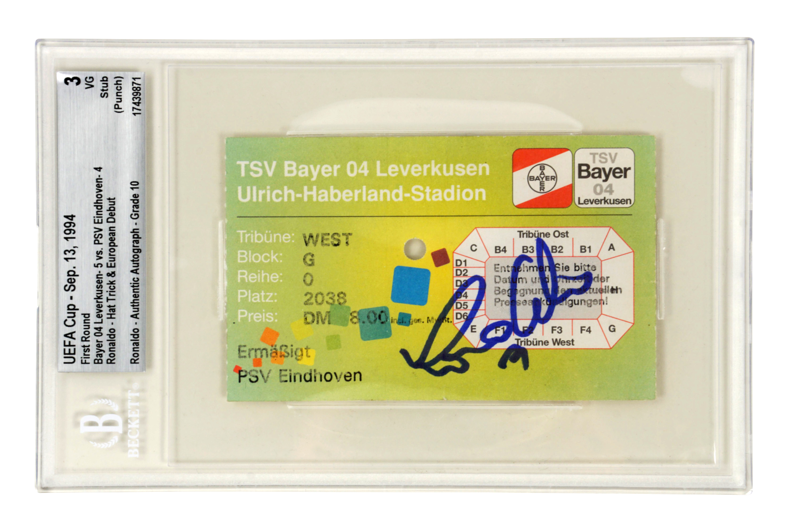 Ronaldo Nazario Signed 1994 PSV European Debut + 3 Goals Match Ticket – BGS 3