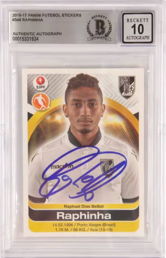 Raphinha Signed 2016-17 Panini Futebol Rookie Sticker #346 – BGS 10 Autograph