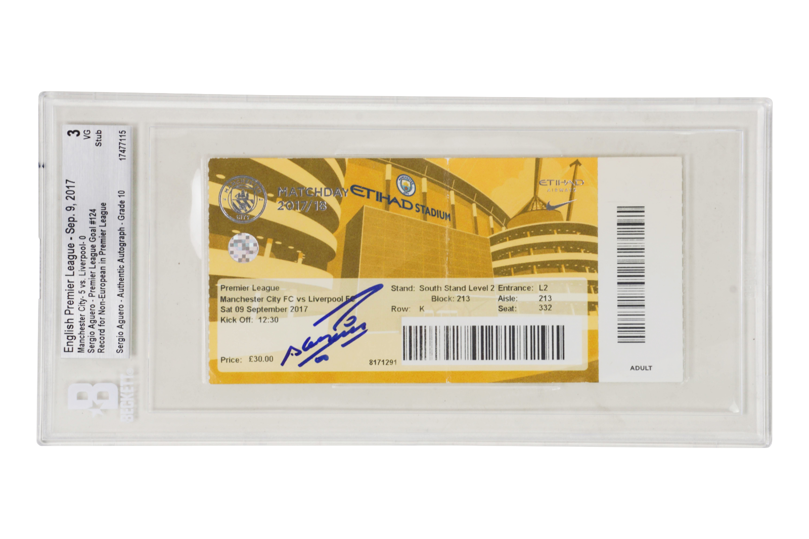 Sergio Aguero Signed 2017 EPL Goal Record For Non-European Match Ticket – BGS 3