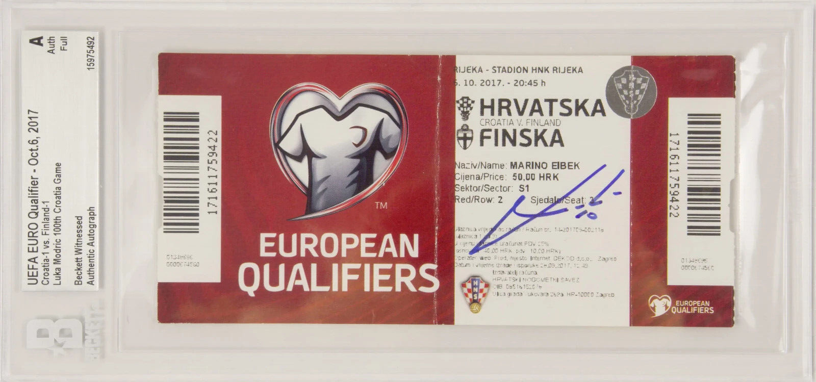 Luka Modric Signed 2017 Record 100th Croatia Game Match Ticket – BGS Authentic