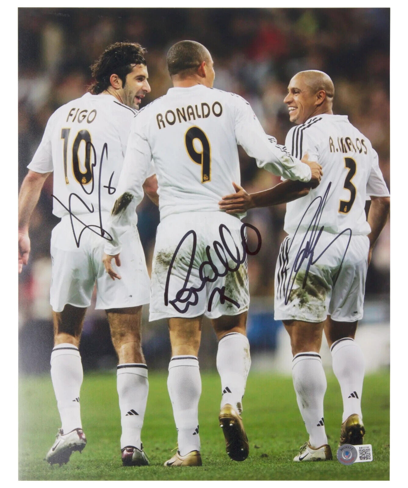 Ronaldo, Figo & Carlos Signed Soccer Print Size 12″ x 16″ with Beckett COA