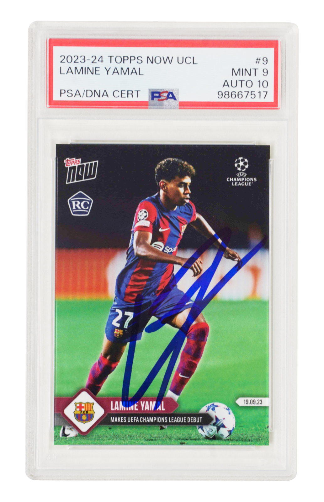 Lamine Yamal Signed 2023-24 Topps Now UCL #9 Rookie Card – PSA 9 Autograph 10