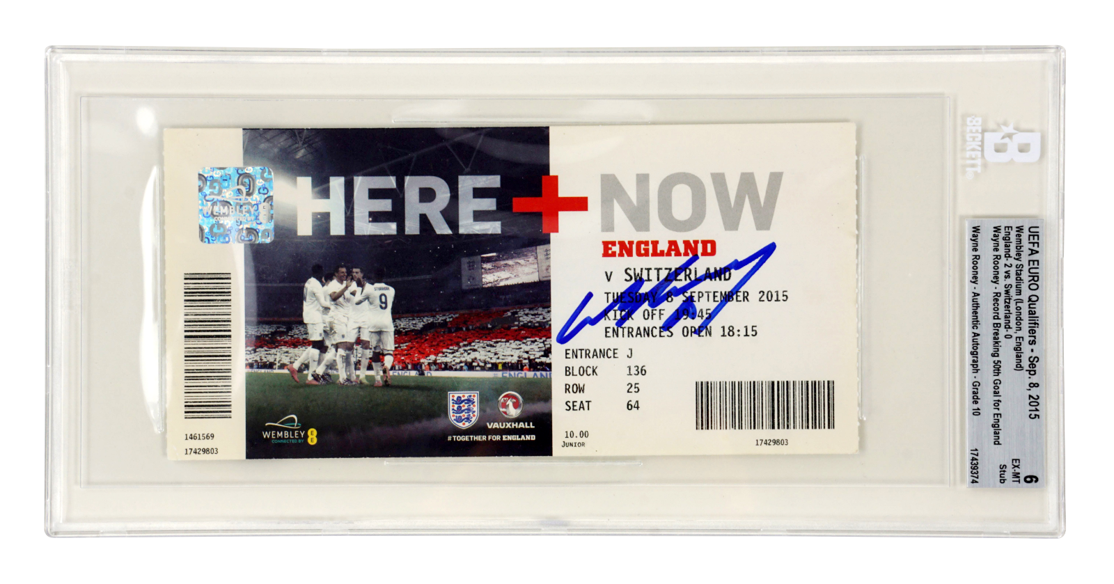 Wayne Rooney Signed 2015 Record 50th Goal For England Match Ticket – BGS 6