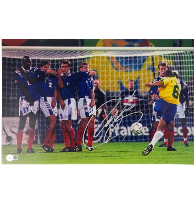 Roberto Carlos Signed Iconic Goal Soccer Print Size 7″ x 11″ with Beckett COA