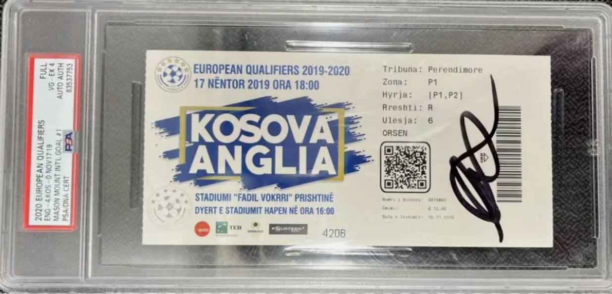 Mason Mount Signed 2020 First International England Goal Match Ticket – PSA 4