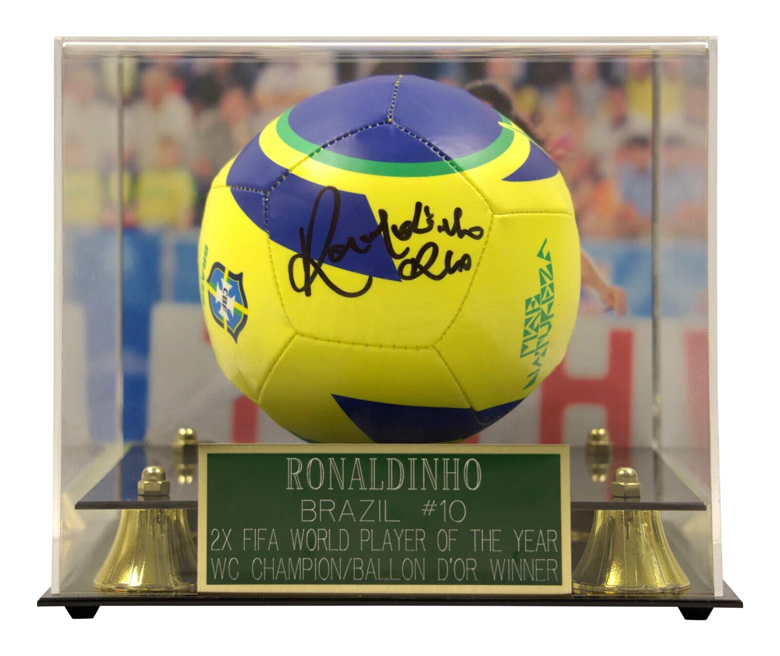 Ronaldinho Signed Brazil Soccer Ball in Frame with Beckett COA