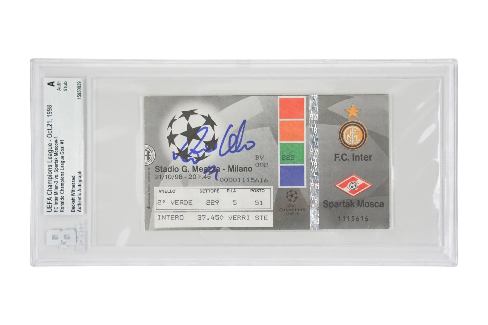 Ronaldo Nazario Signed 1998 First UCL Goal Match Ticket – BGS Authentic