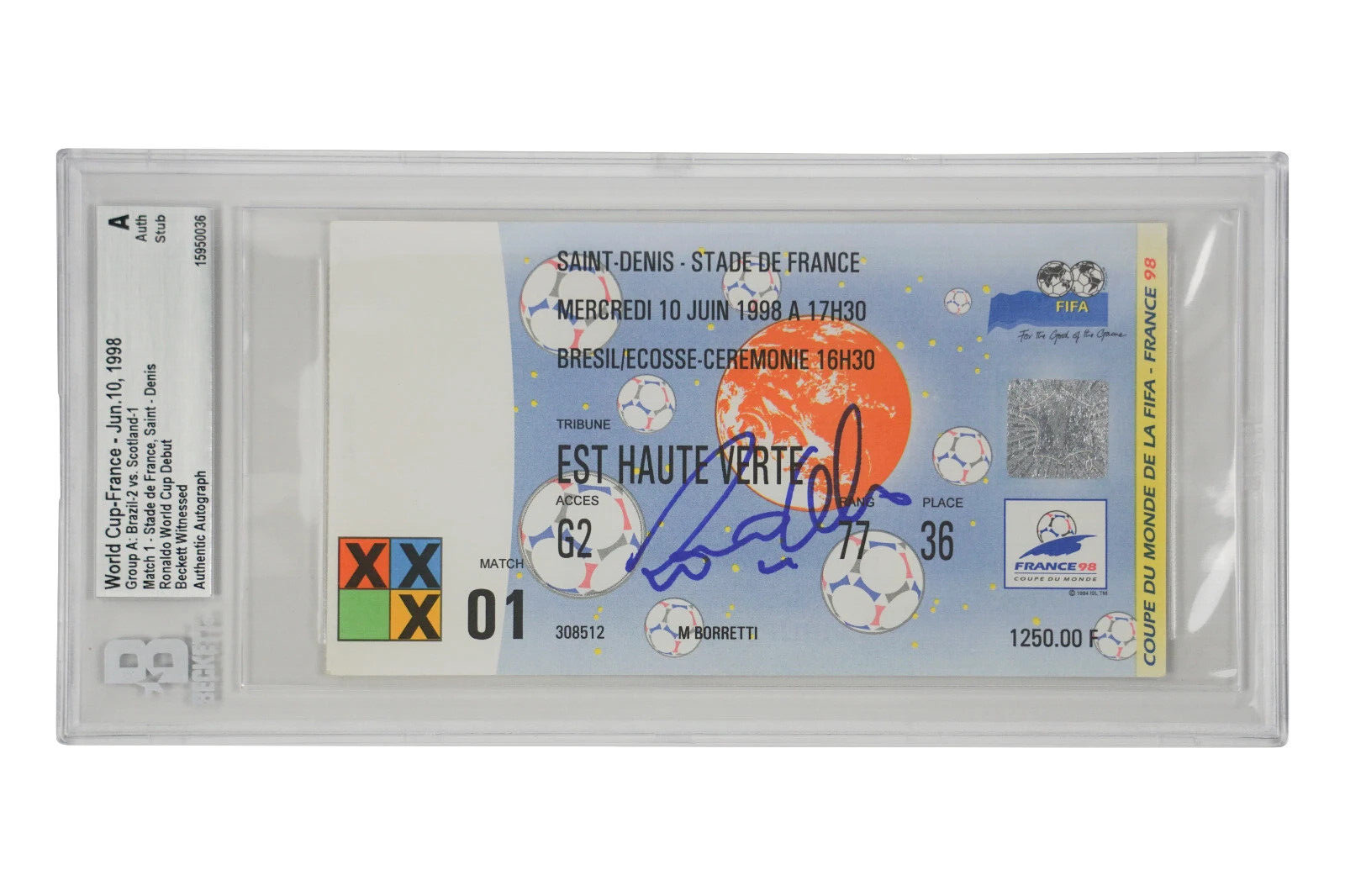 Ronaldo Nazario Signed 1998 World Cup Debut Match Ticket – BGS Authentic