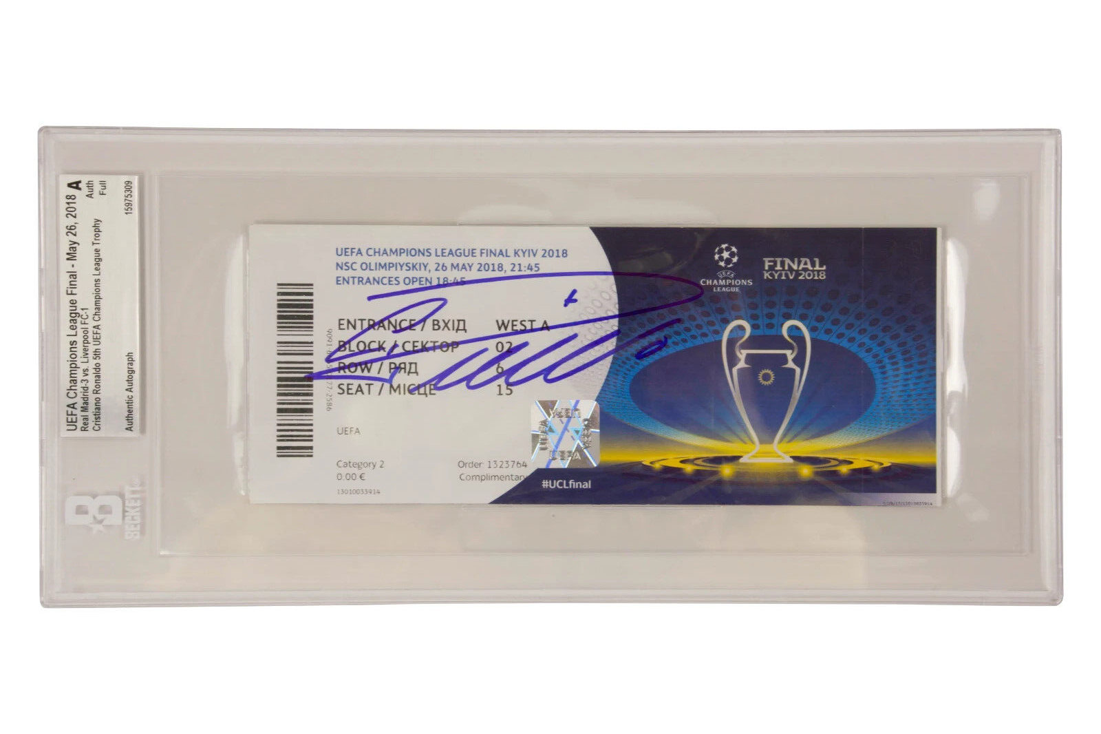 Cristiano Ronaldo Signed 2018 UCL Final Ticket 5th Madrid Trophy – BGS Authentic