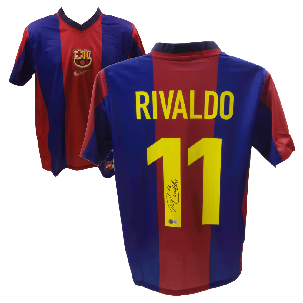 Rivaldo Signed FC Barcelona Home Soccer Jersey #11 with Beckett Witness