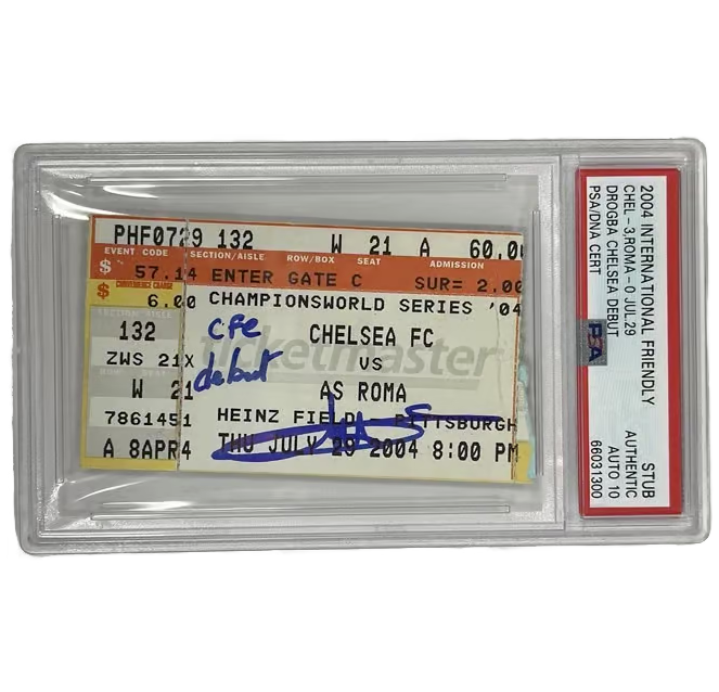 Didier Drogba Signed 2004 Chelsea Debut Ticket Inscribed CFC Debut – PSA 10 Auto