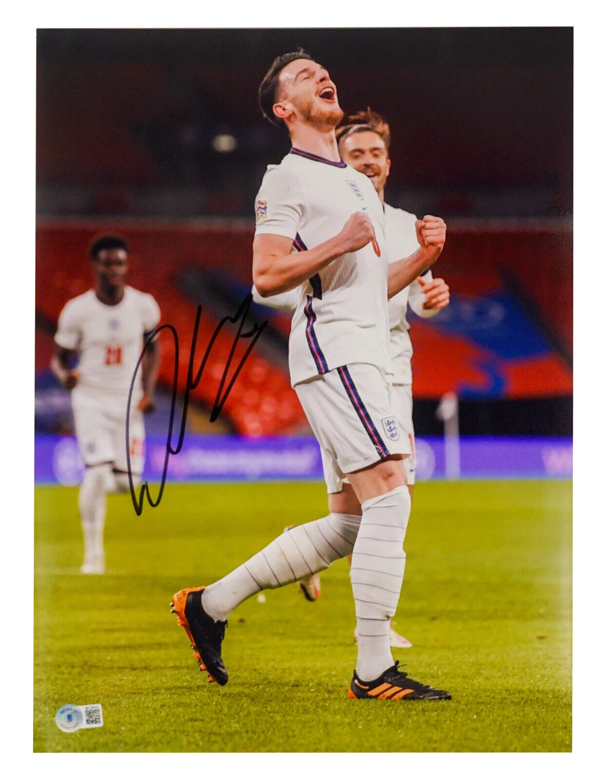 Declan Rice Signed England Soccer Print Size 12″ x 16″ with Beckett COA