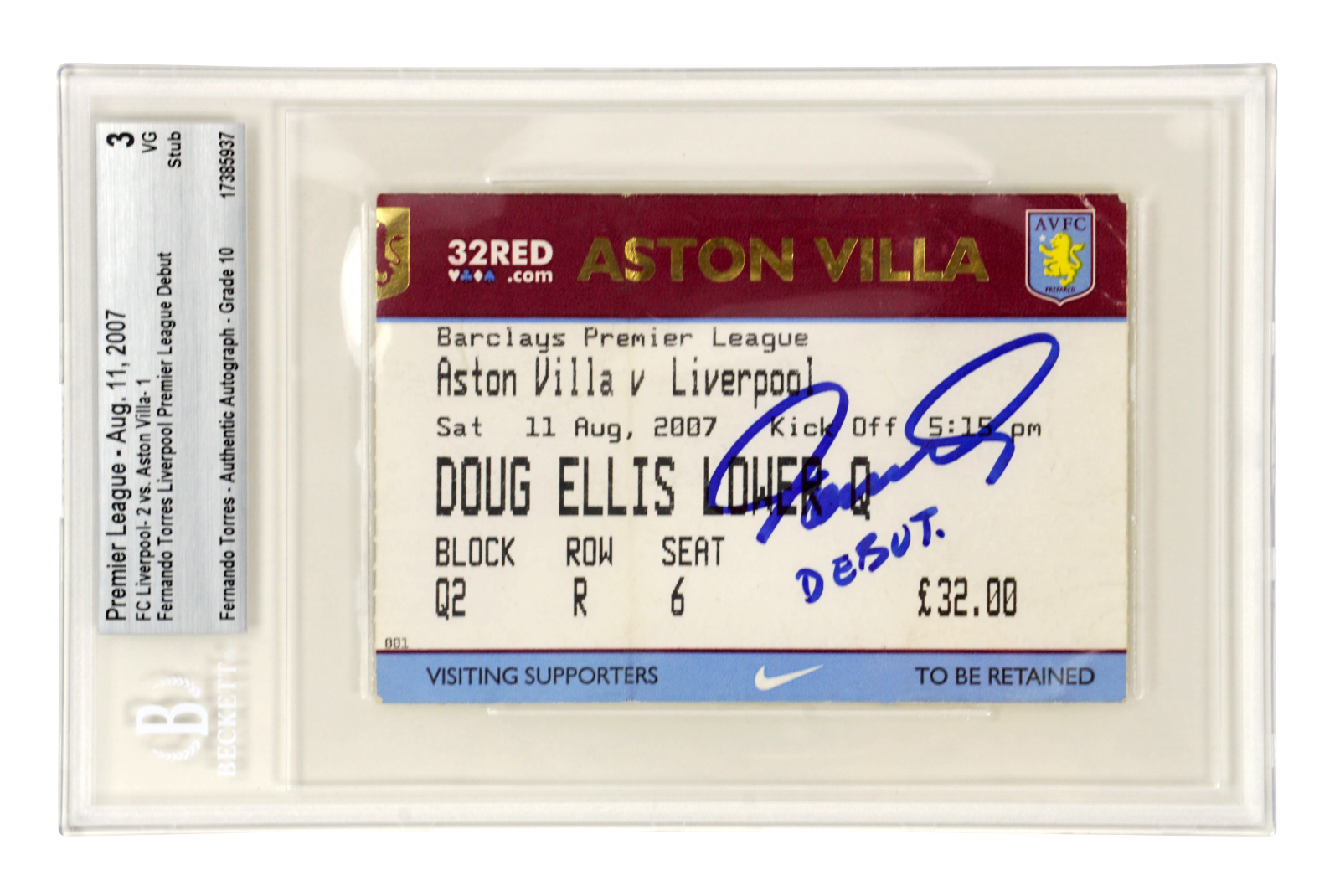 Fernando Torres Signed 2007 Liverpool EPL Debut Match Ticket Inscribed – BGS 3