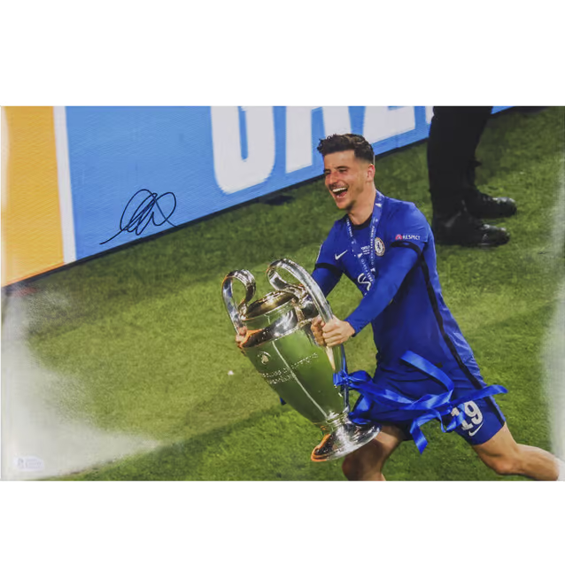 Mason Mount Signed Chelsea UCL Soccer Print Size 12″ x 16″ with Beckett COA