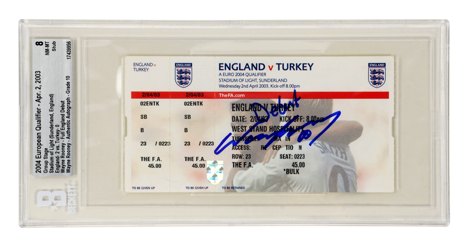 Wayne Rooney Signed 2004 Full England Debut Match Ticket Inscribed Debut – BGS 8