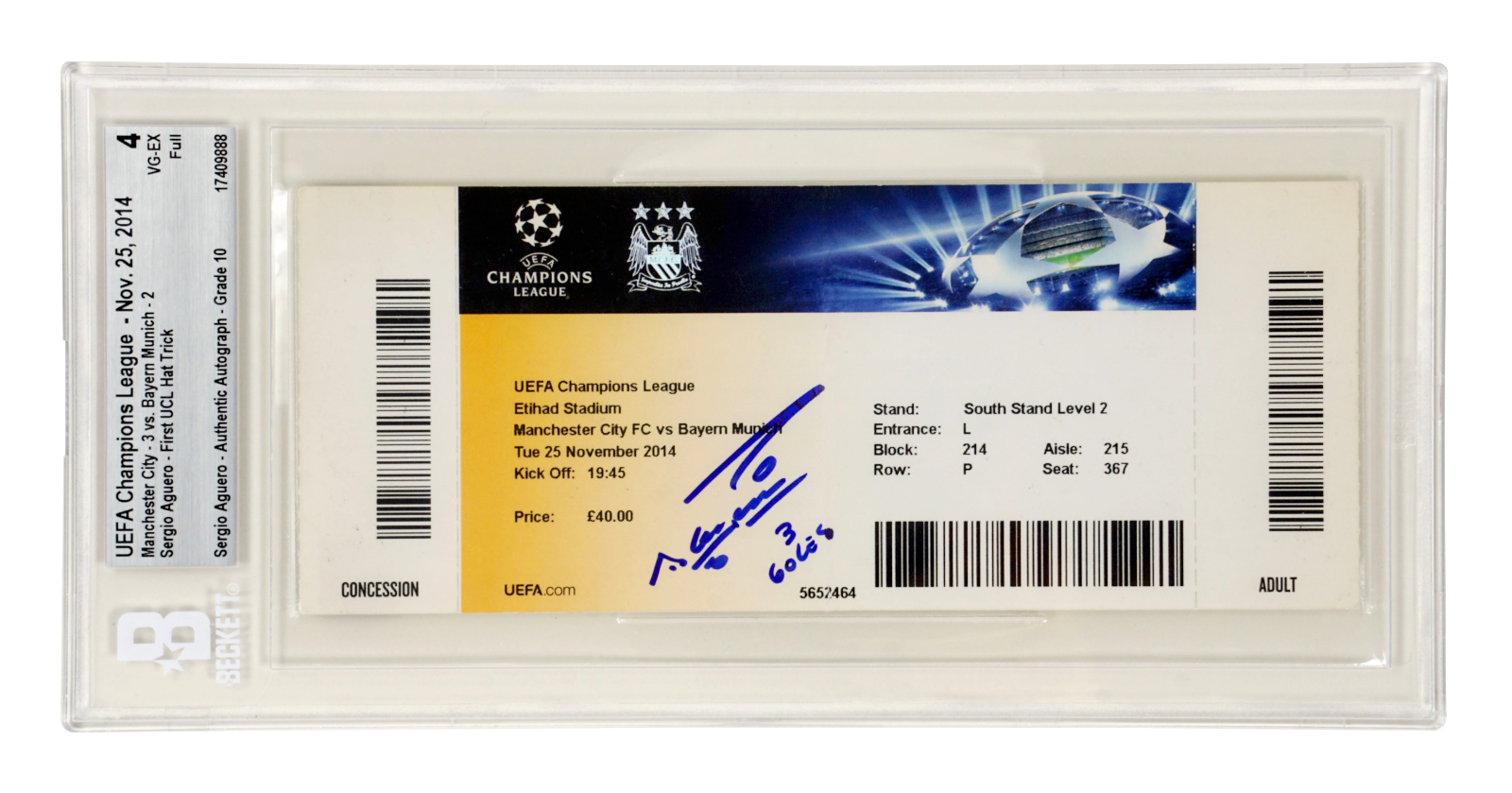 Sergio Aguero Signed 2014 First UCL Hat Trick Match Ticket Inscribed – BGS 4