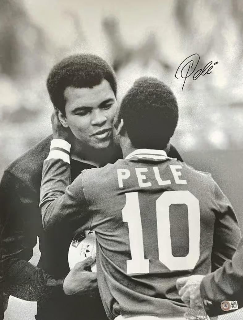 Pele Signed Iconic Muhammad Ali Soccer Print Size 8″ x 10″ with Beckett COA