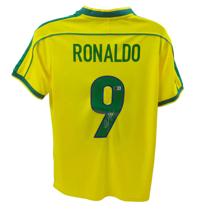 Framed Ronaldo Nazario Signed Brazil FC Home Soccer Jersey #9 with Beckett Witness
