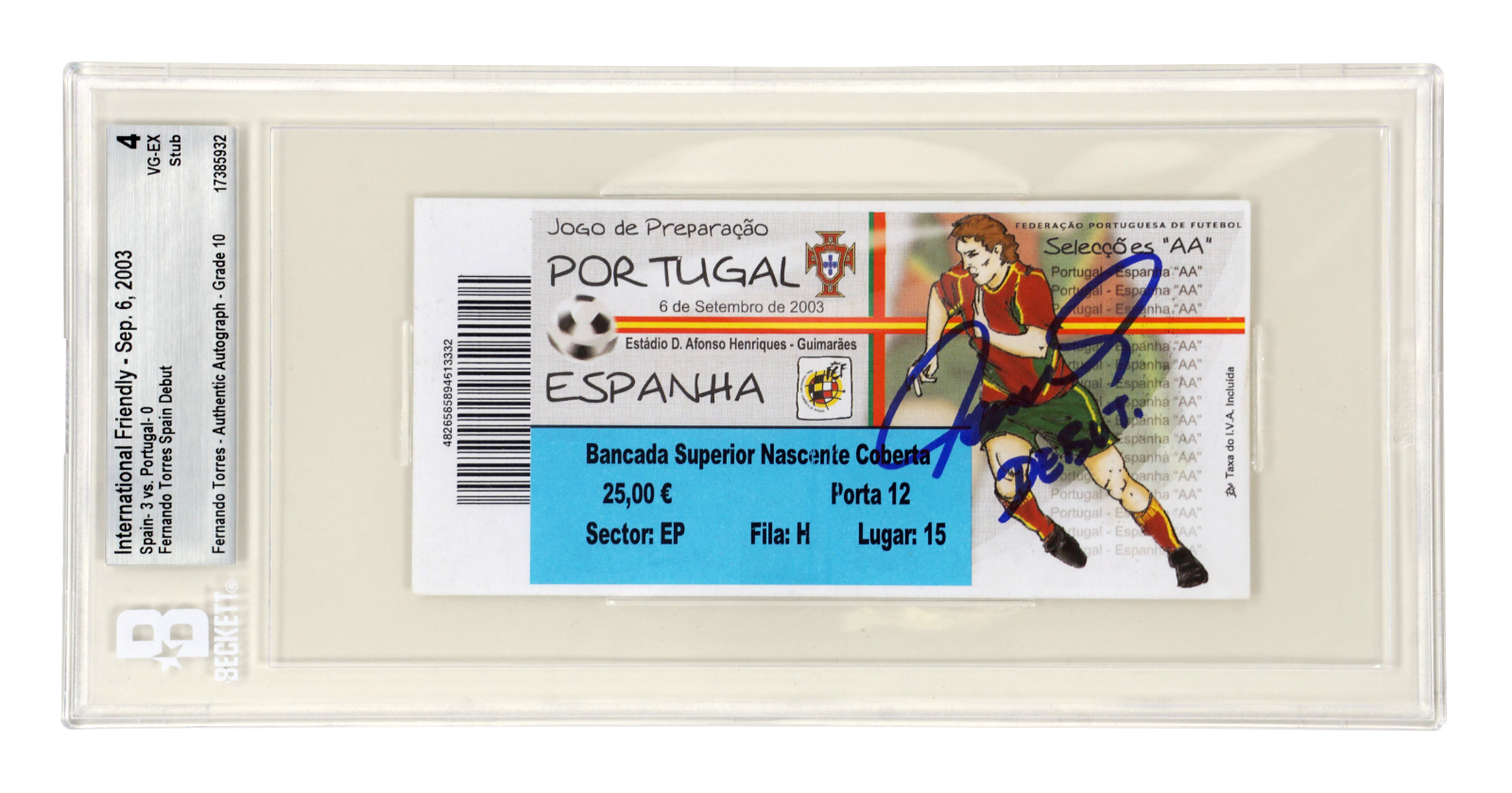 Fernando Torres Signed 2003 Spain Debut Match Ticket Inscribed – BGS 4 Auto 10