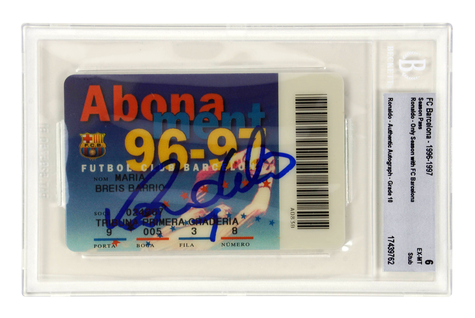 Ronaldo Nazario Signed 1996-97 Only Season at FC Barcelona Season Pass – BGS 6