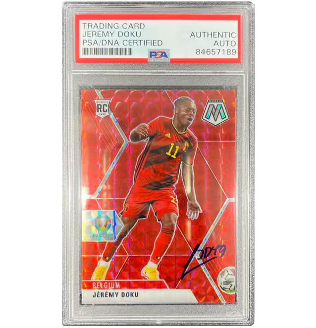 Jeremy Doku Signed 2021 Panini Mosaic Red Prizm Rookie #11 – PSA Authentic