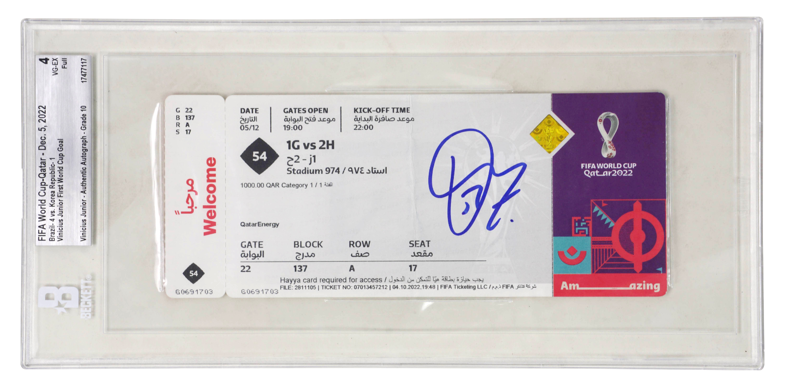 Vinicius Jr Signed 2022 FIFA World Cup First Goal Match Ticket – BGS 4 Auto 10