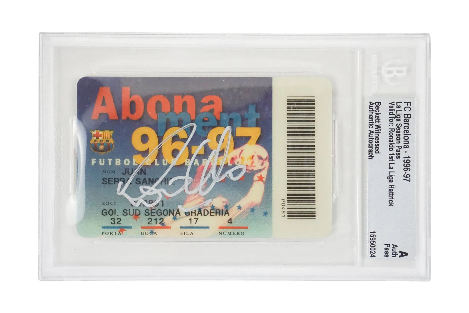 Ronaldo Nazario Signed 1996 Only Season at Barcelona Season Pass – BGS Authentic