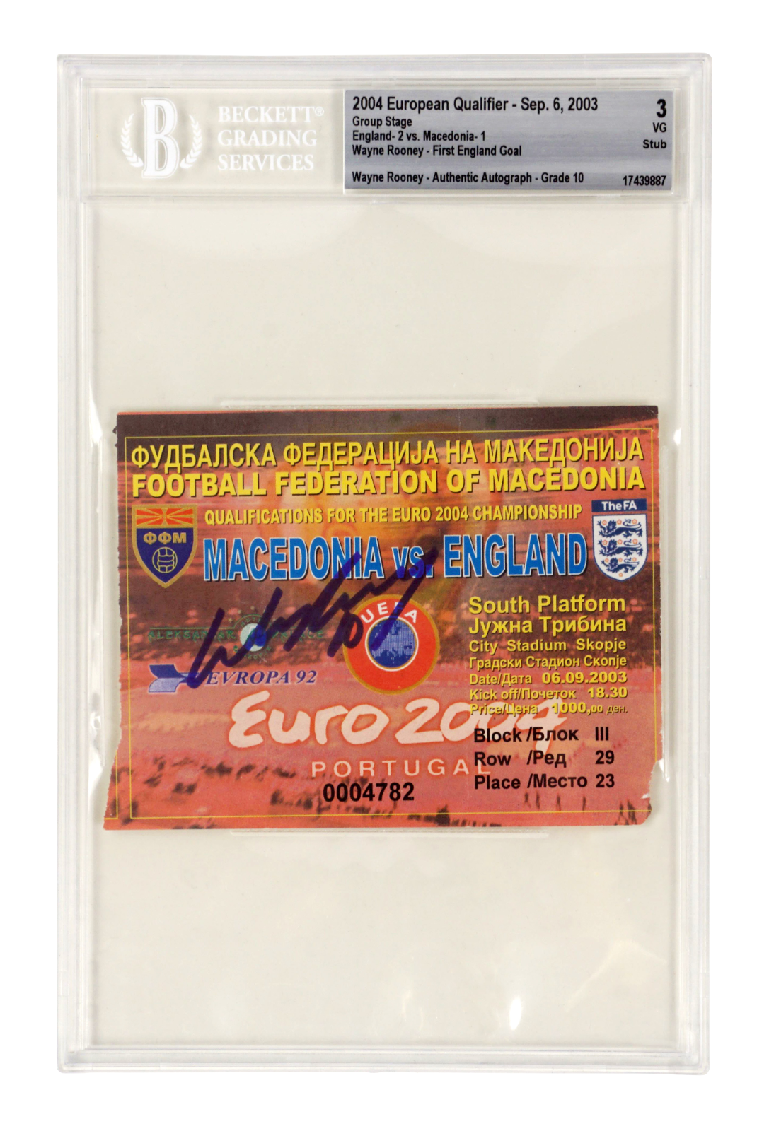 Wayne Rooney Signed 2004 First England Goal Match Ticket – BGS 3