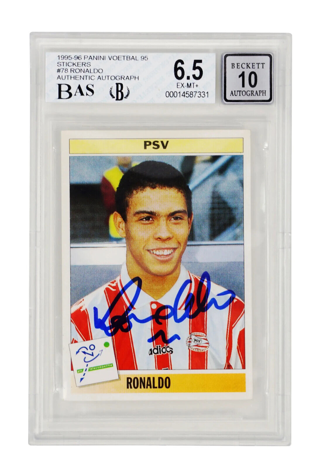 Ronaldo Nazario Signed 1995 Panini Voetbal 95 Rookie Sticker – BGS 6.5 Auto 10