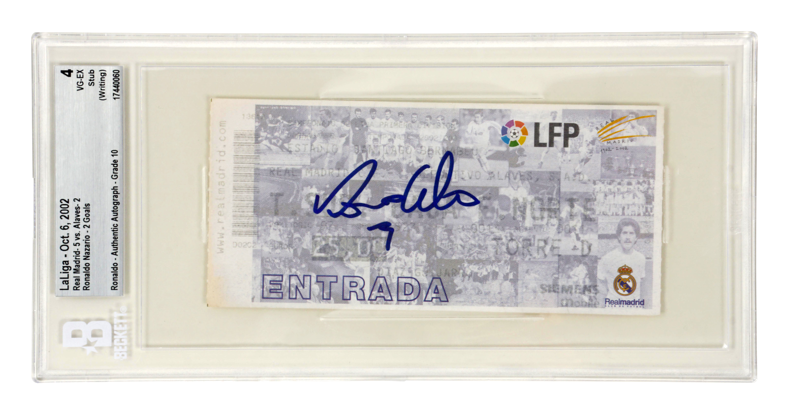 Ronaldo Nazario Signed 2002 Real Madrid Debut + 2 Goals Match Ticket – BGS 4