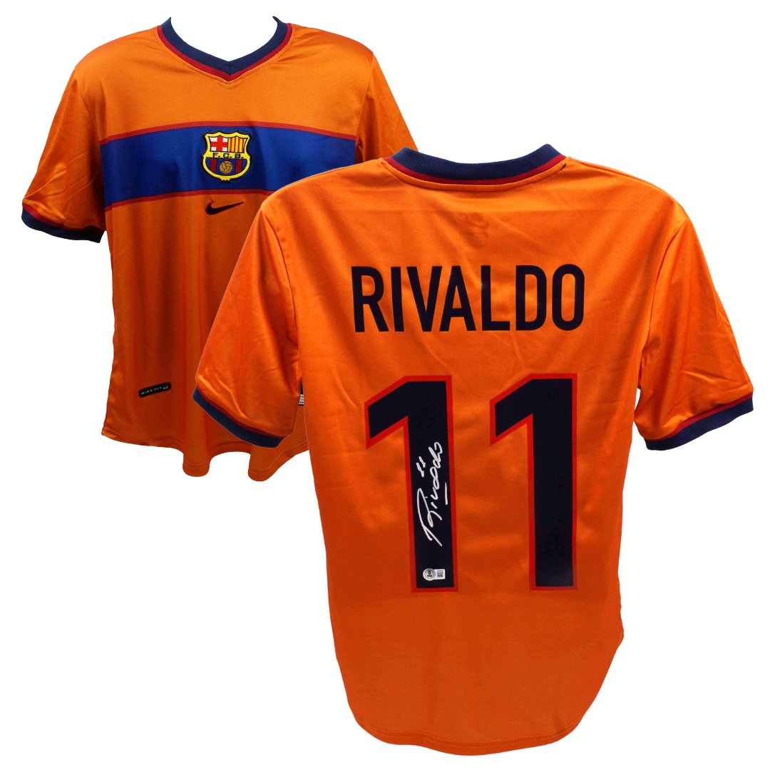 Rivaldo Signed FC Barcelona Away Soccer Jersey #11 with Beckett Witness