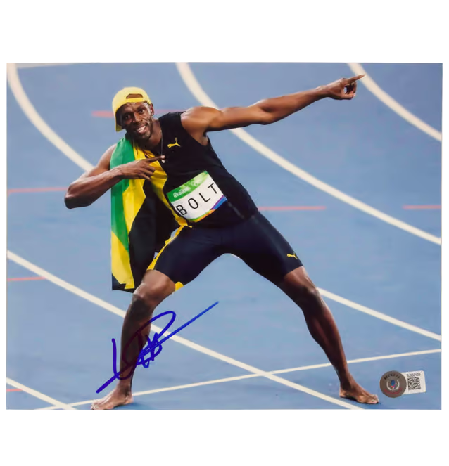 Usain Bolt Signed 100m Olympic Final Print Size 8″ x 10″ with Beckett COA