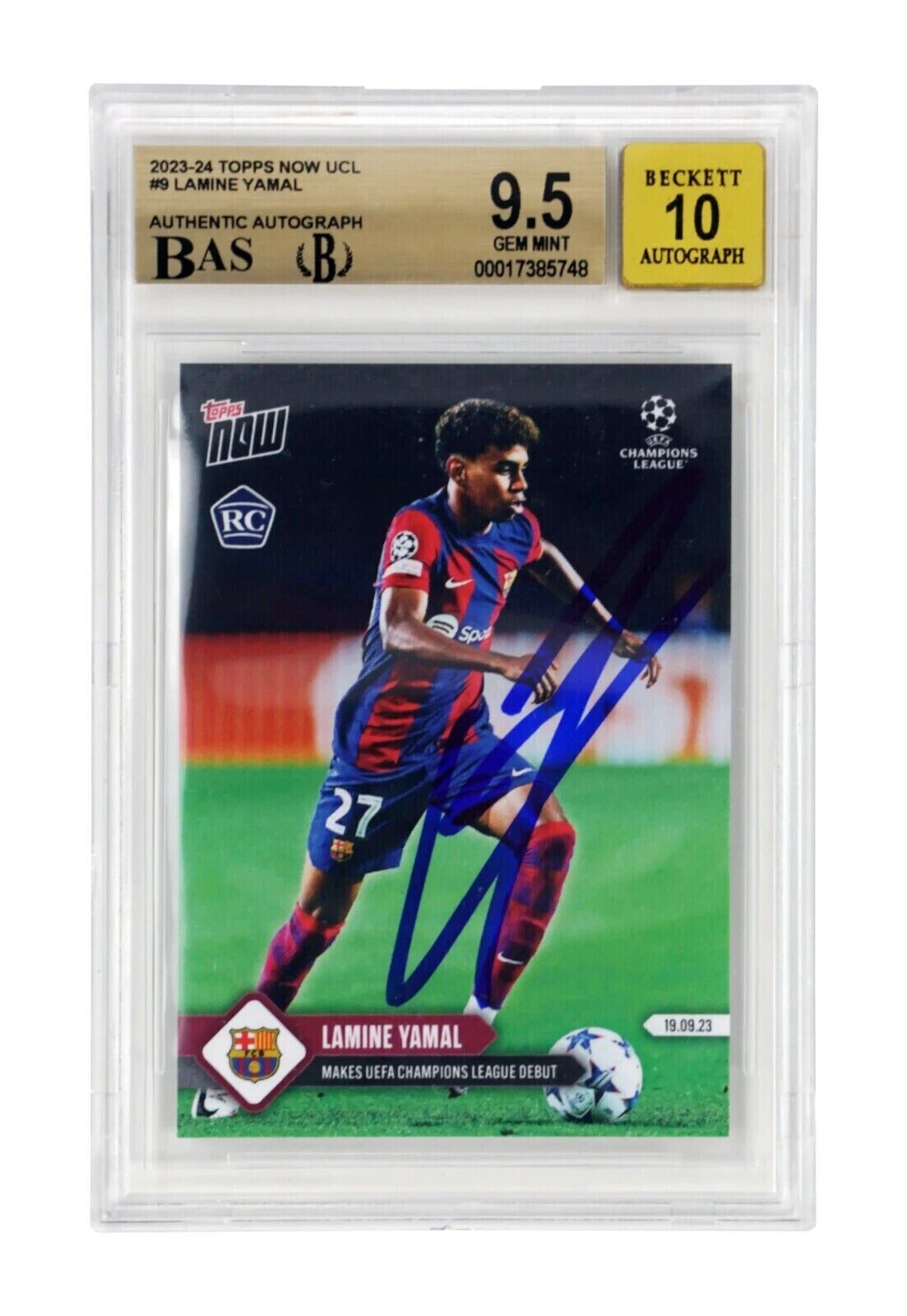 Lamine Yamal Signed 2023-24 Topps Now UCL #9 Rookie Card – BGS 9.5 Autograph 10