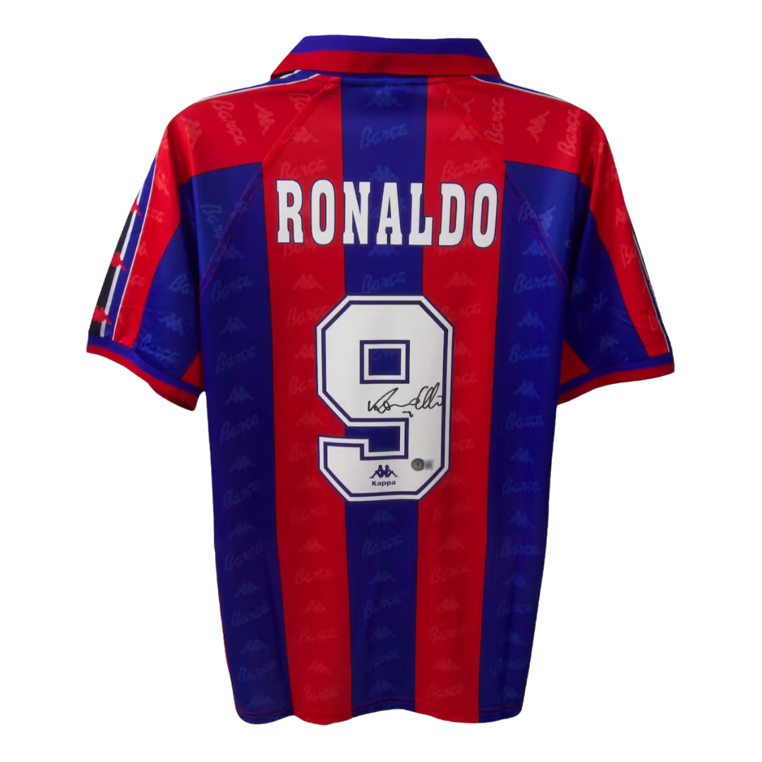 Ronaldo Nazario Signed FC Barcelona Home Soccer Jersey #9 with Beckett COA