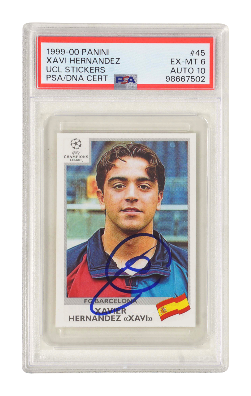 Xavi Signed 1999-00 Panini UEFA Champions League Rookie Sticker – PSA 6 Autograph 10