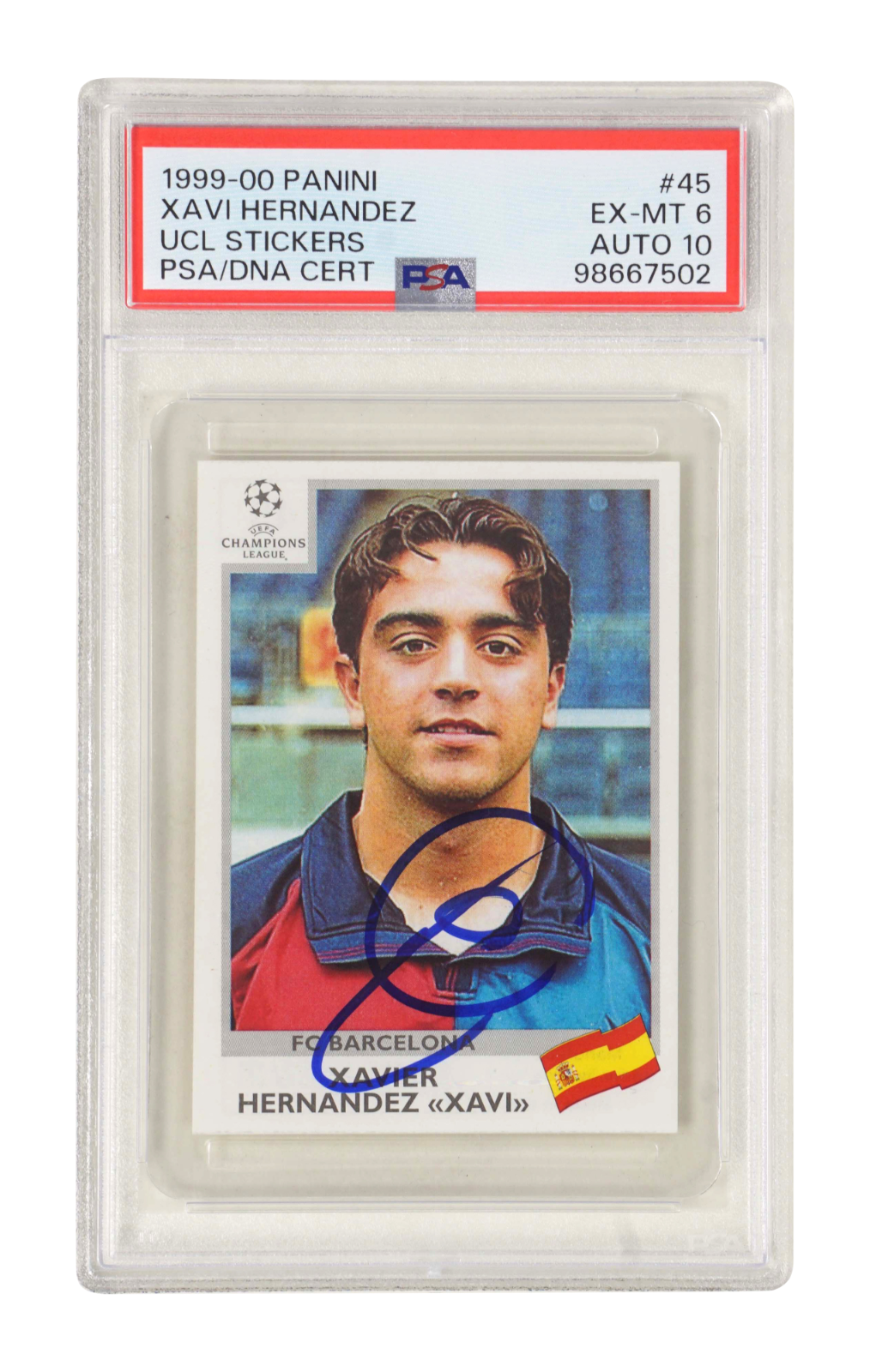 Xavi 1999-00 Panini UEFA Champions League Rookie Sticker – PSA 6 Autograph 10