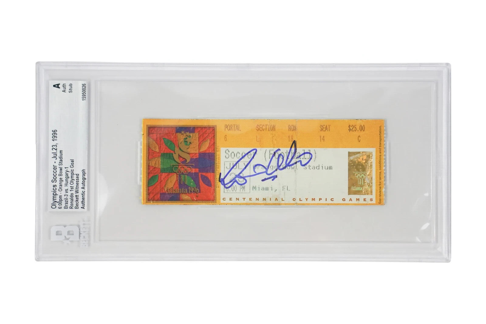 Ronaldo Nazario Signed 1996 First Olympic Goal Match Ticket – BGS Authentic